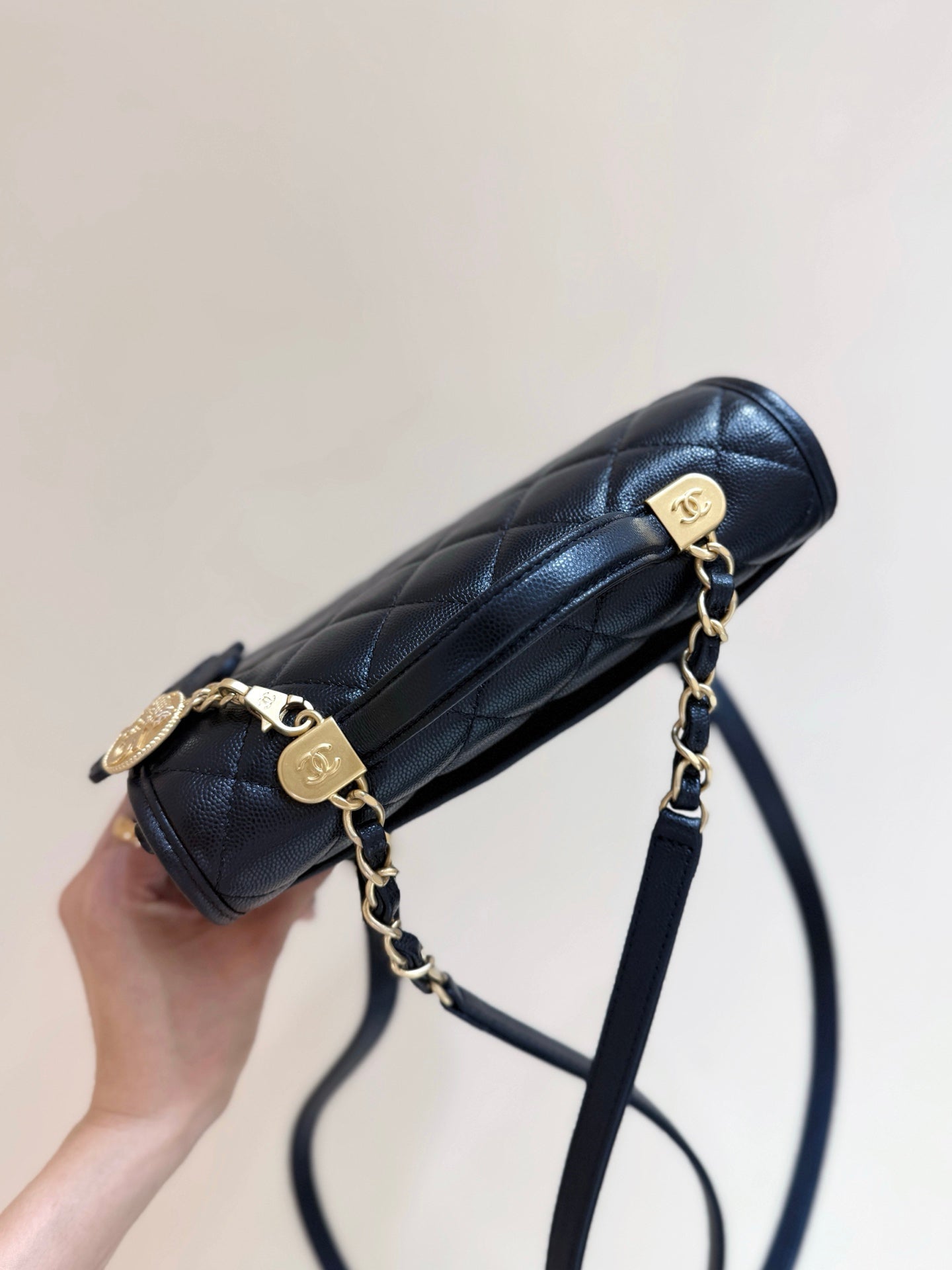 Chanel 2025 Four-Leaf Clover Backpack  Black Gold Caviar Leather 342116