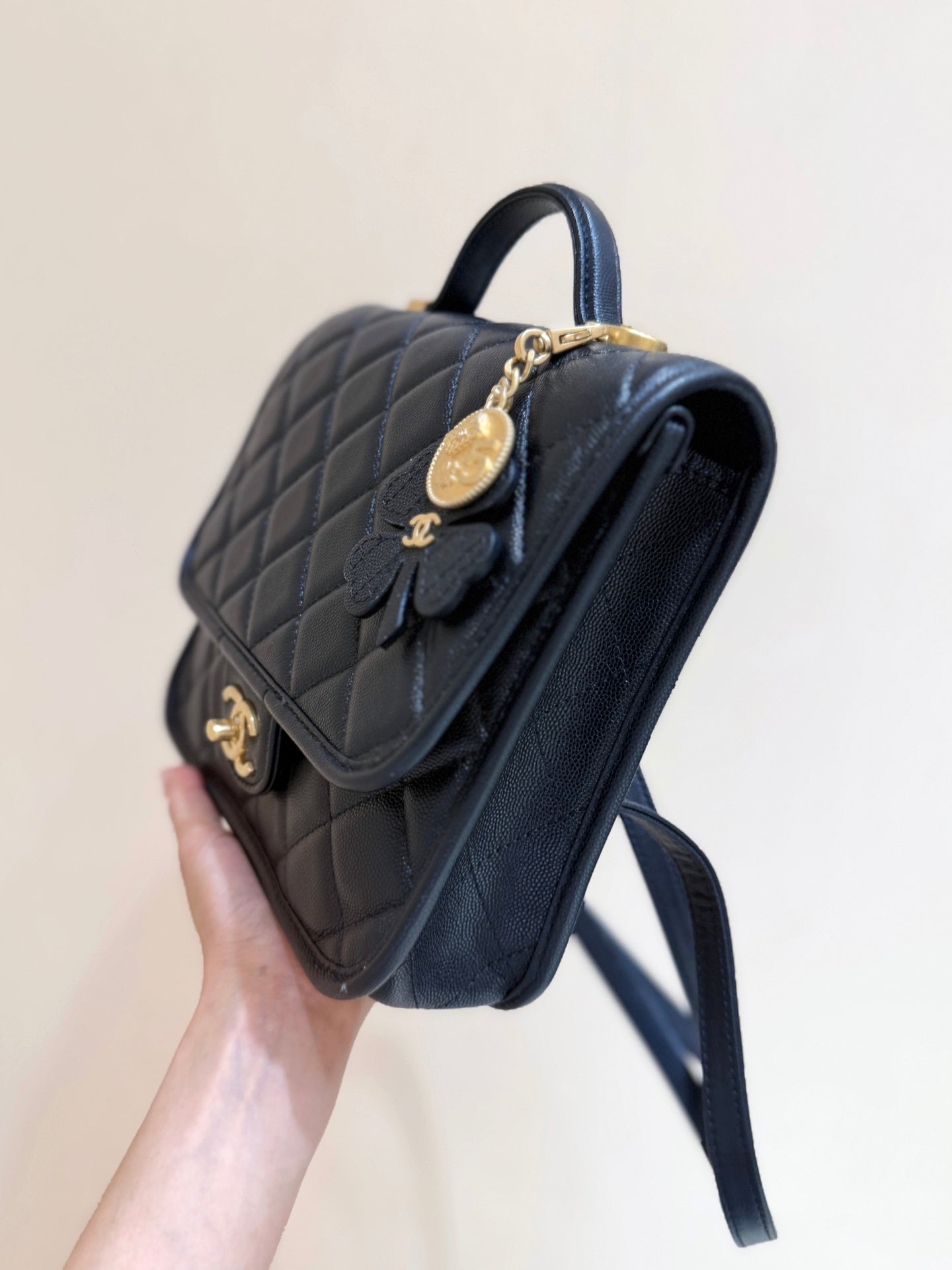 Chanel 2025 Four-Leaf Clover Backpack  Black Gold Caviar Leather 342116