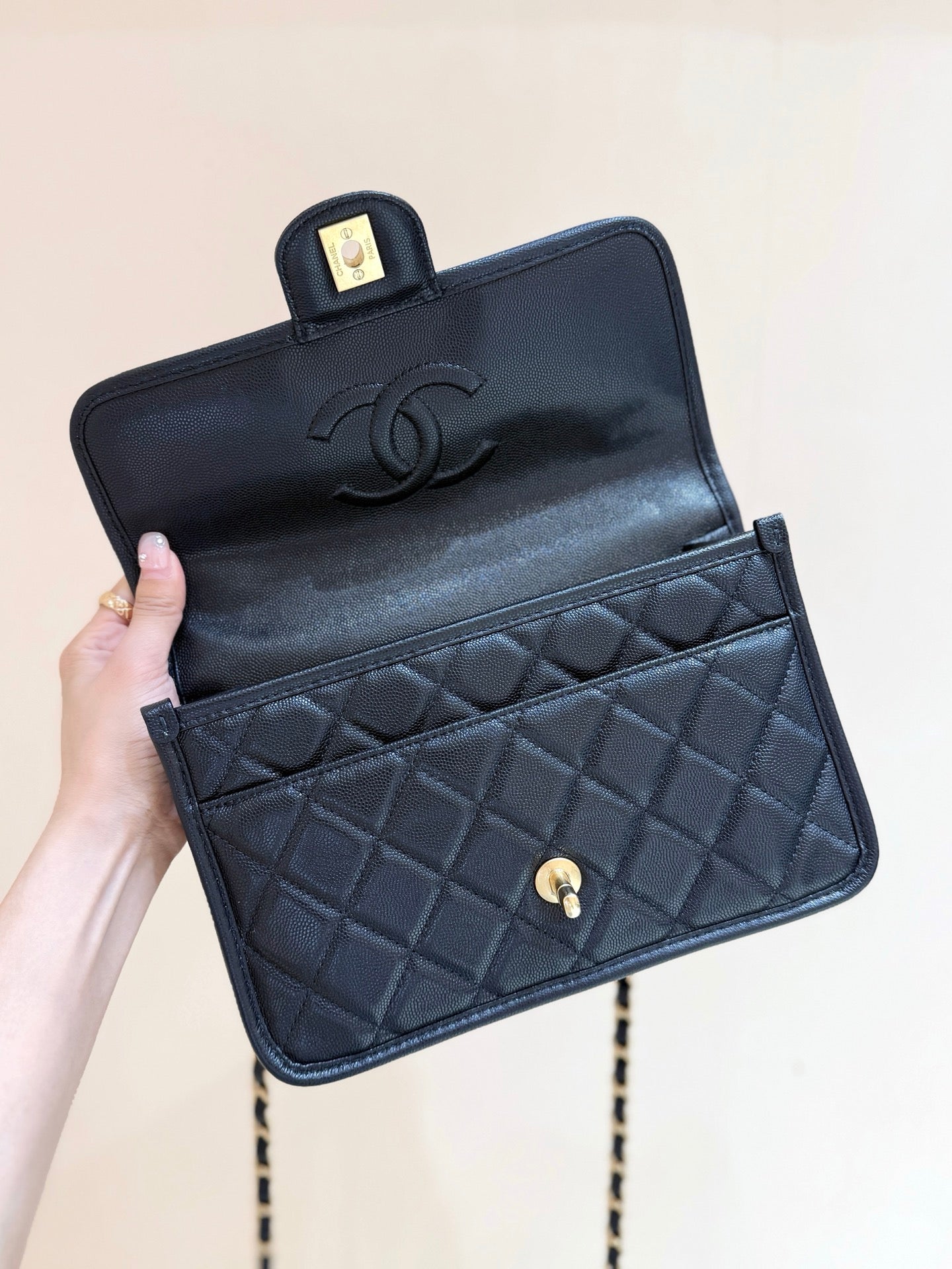 Chanel 2025 Four-Leaf Clover Bag 25cm Black Gold Caviar Leather 342125