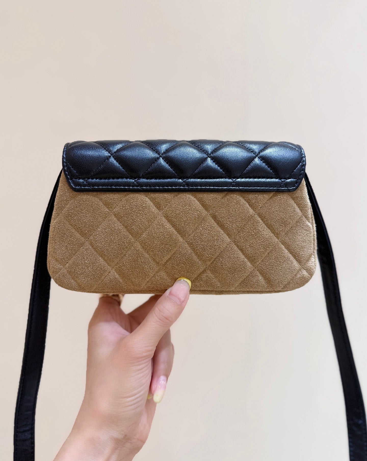 Chanel 2025 Block Flap Bag 20cm Black Beige Lambskin Suede 343043