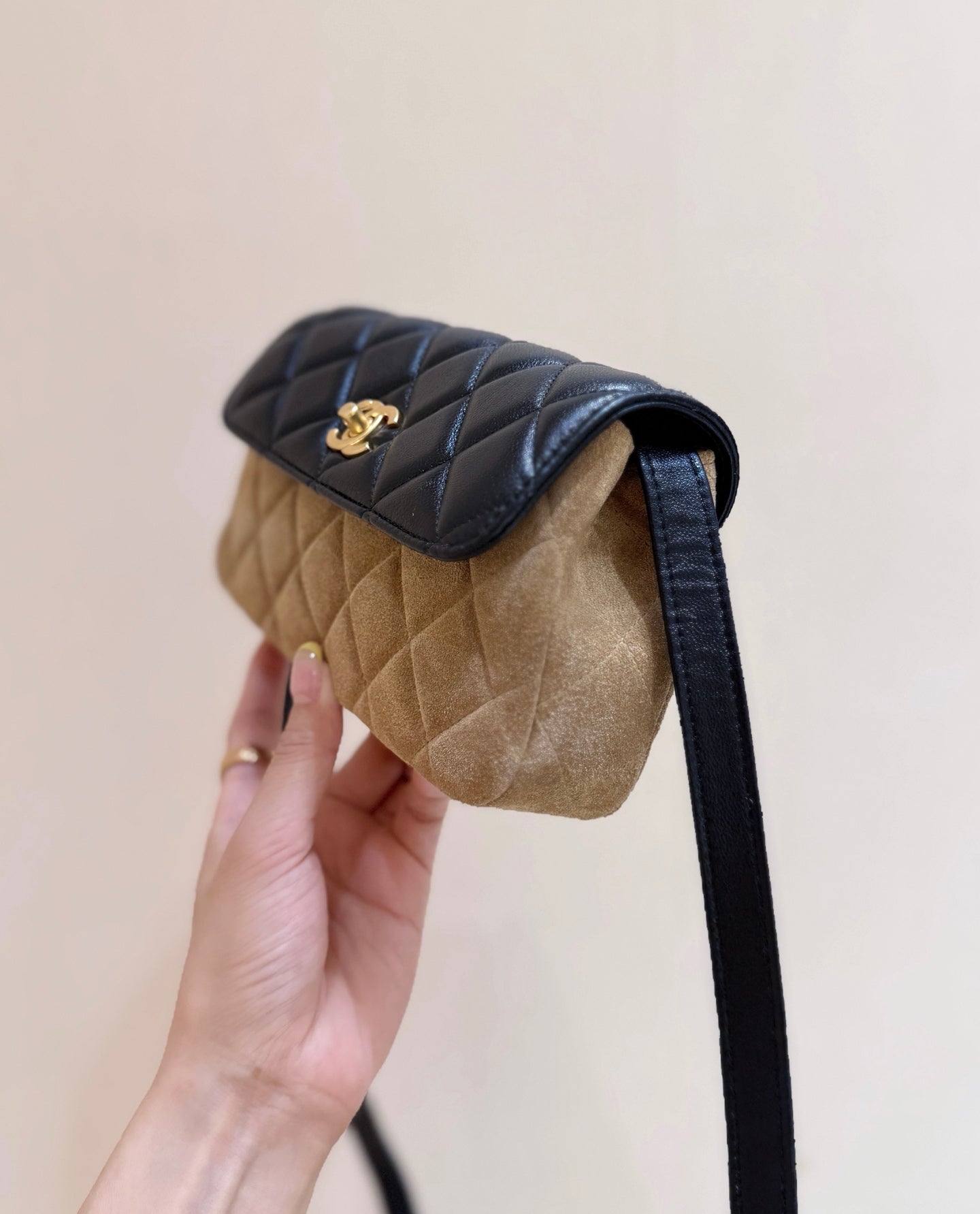 Chanel 2025 Block Flap Bag 20cm Black Beige Lambskin Suede 343043