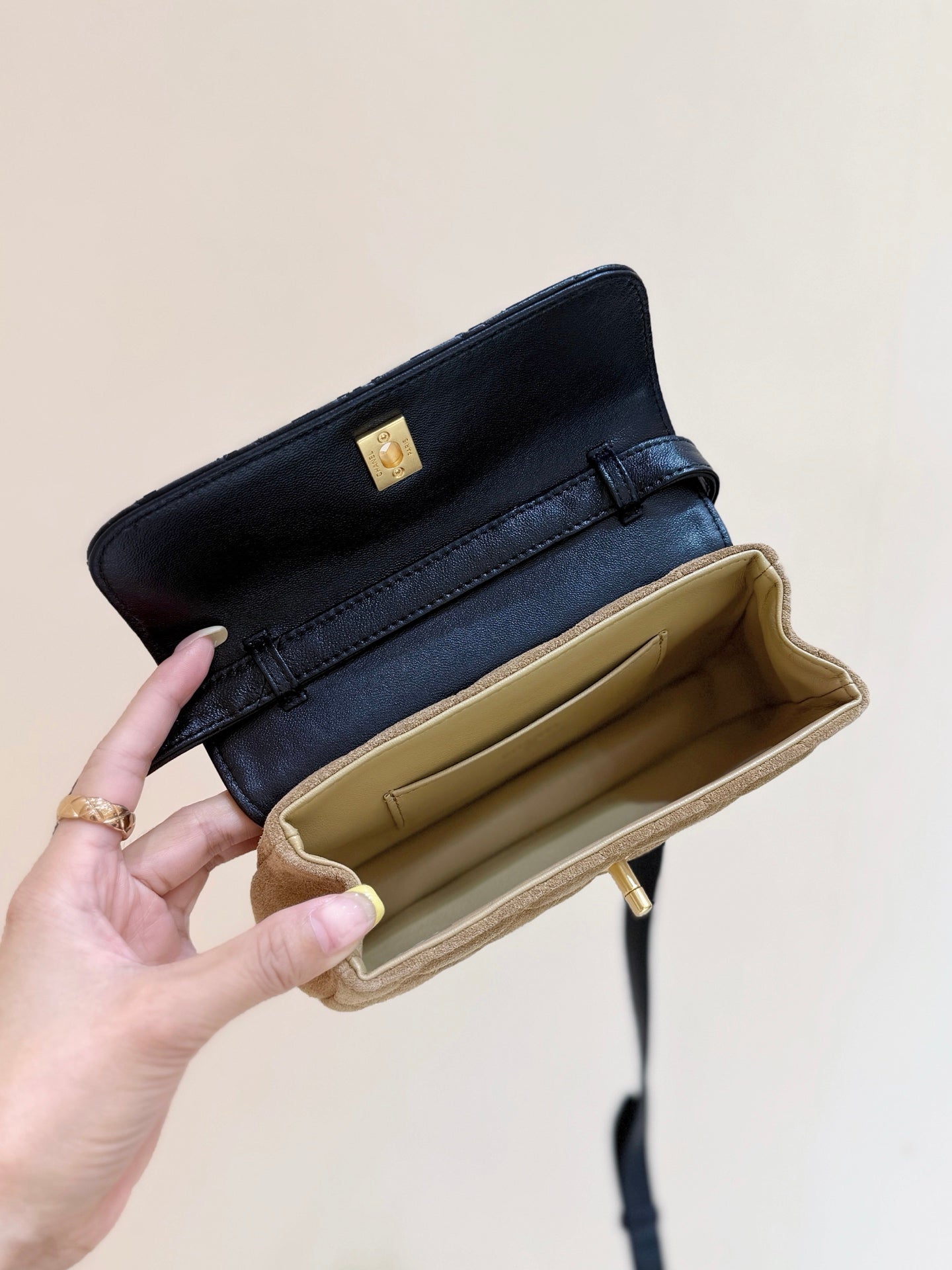 Chanel 2025 Block Flap Bag 20cm Black Beige Lambskin Suede 343043