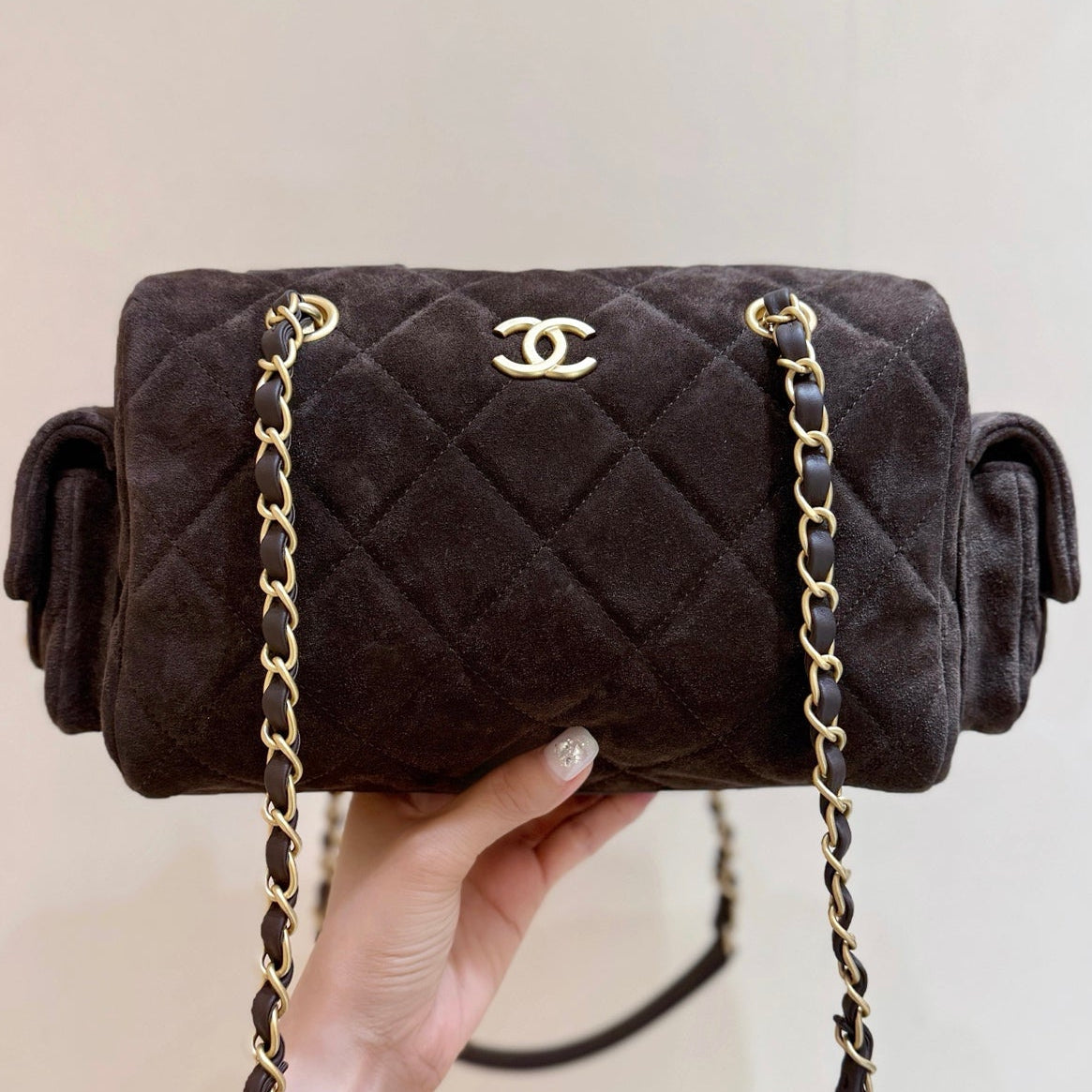 Chanel 2025 Bowling Bag 24cm Dark Brown Suede 345137