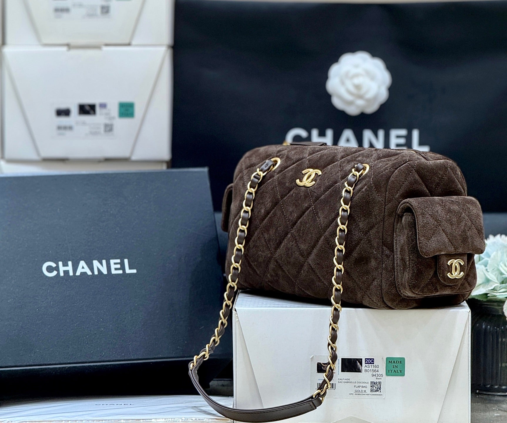 Chanel 2025 Bowling Bag 24cm Dark Brown Suede 345137