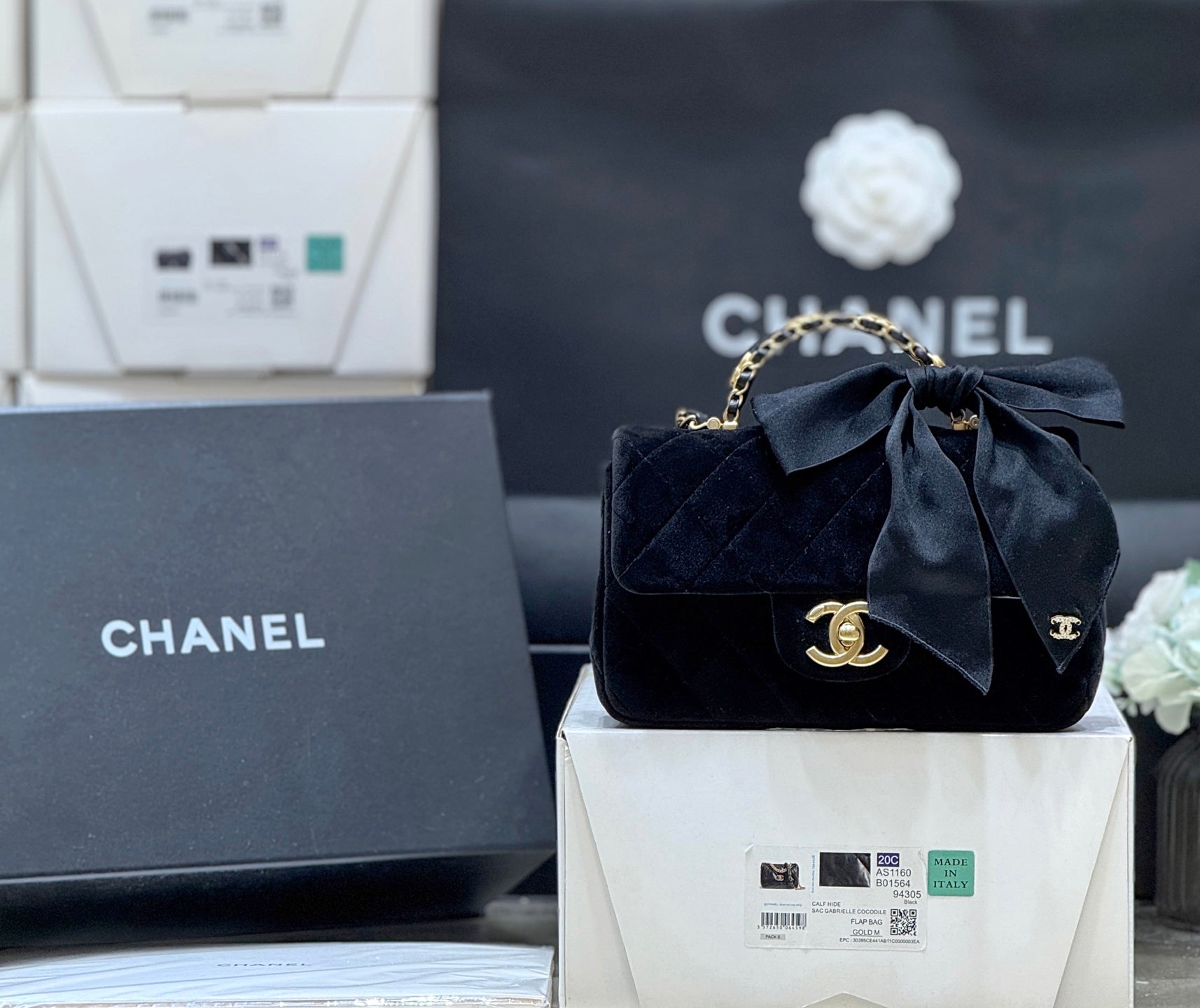 Chanel 2025 Flap Bag With Bow cm Black Velvet 345991