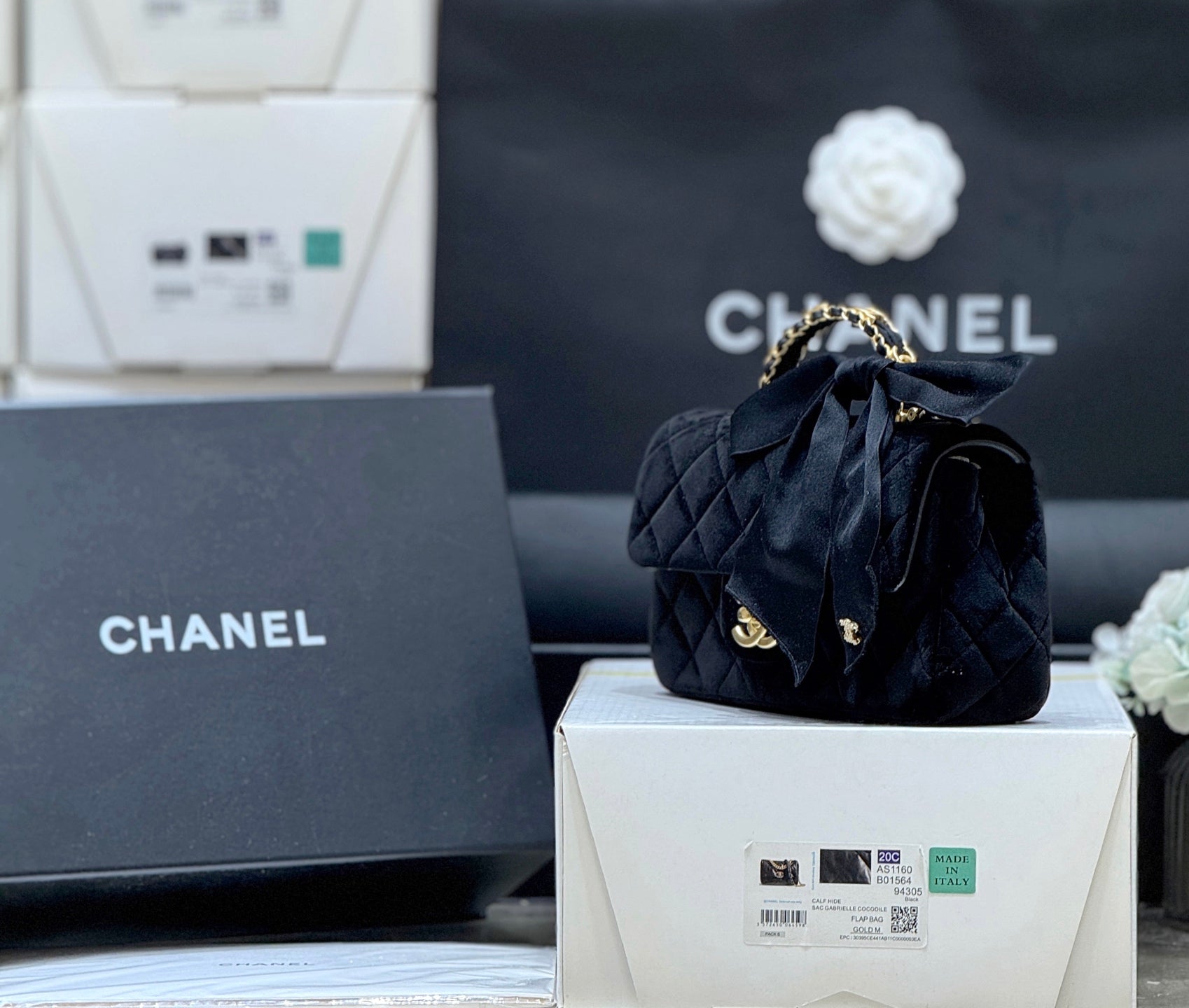 Chanel 2025 Flap Bag With Bow cm Black Velvet 345991