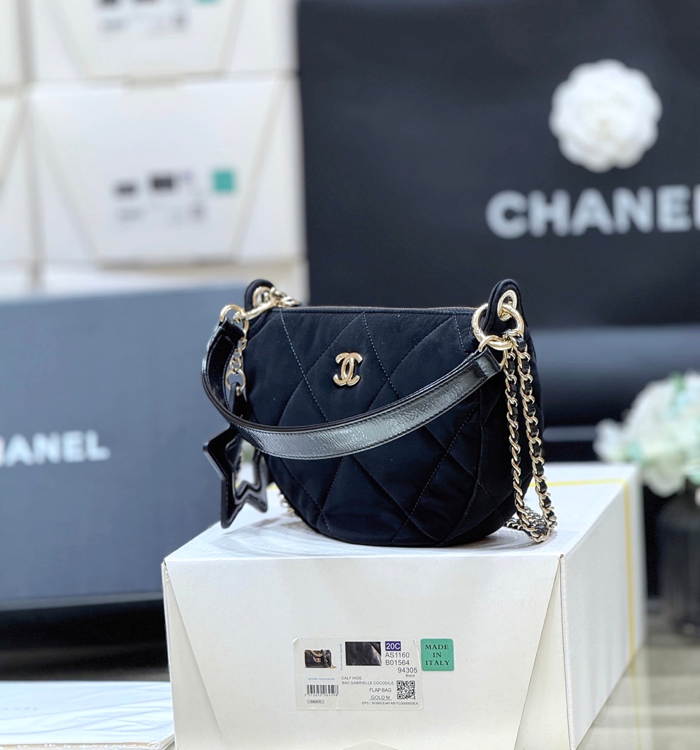 Chanel 2025 Clutch With Chain Black Gold Velvet Leather 346012