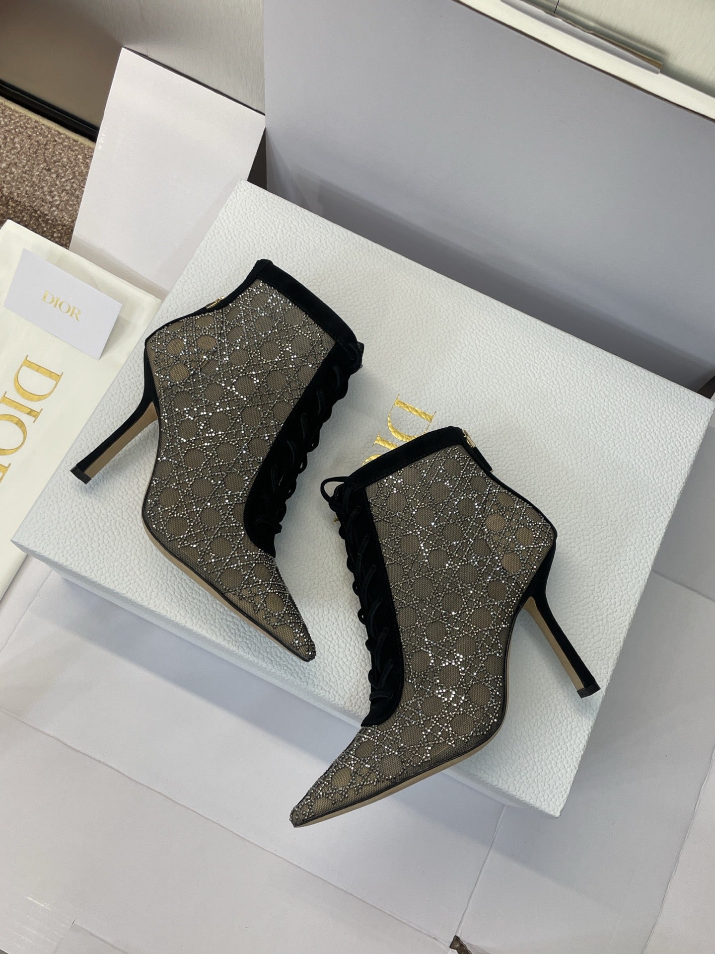 Dior 2025 Capture Heeled Ankle Boot Black Beige Mesh Sheepskin 508531