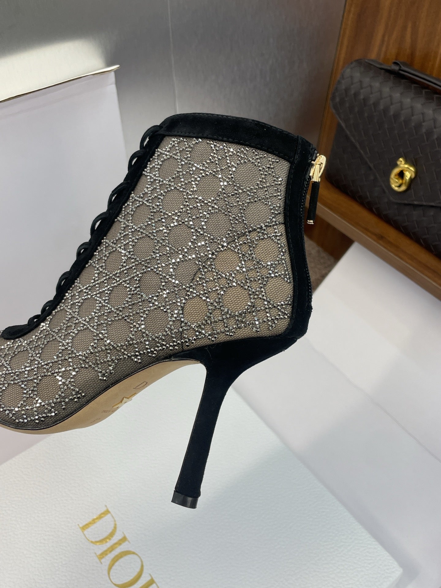 Dior 2025 Capture Heeled Ankle Boot Black Beige Mesh Sheepskin 508531