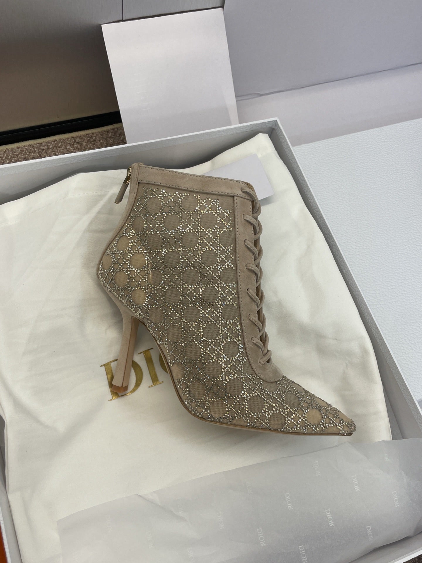 Dior 2025 Capture Heeled Ankle Boot Beige Mesh Sheepskin 508532