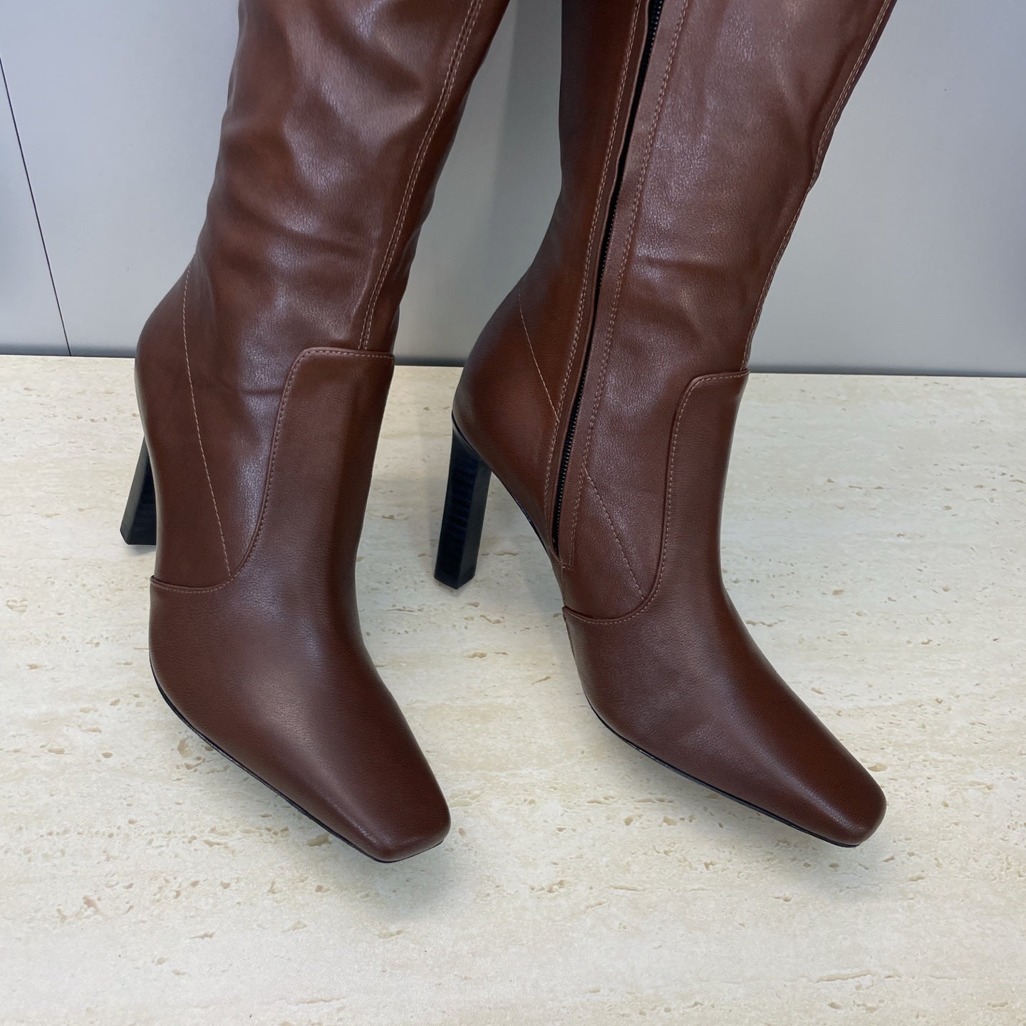 YSL 2025  Square Toe Over-the-Knee Rider Boots Brown Calfskin 574017