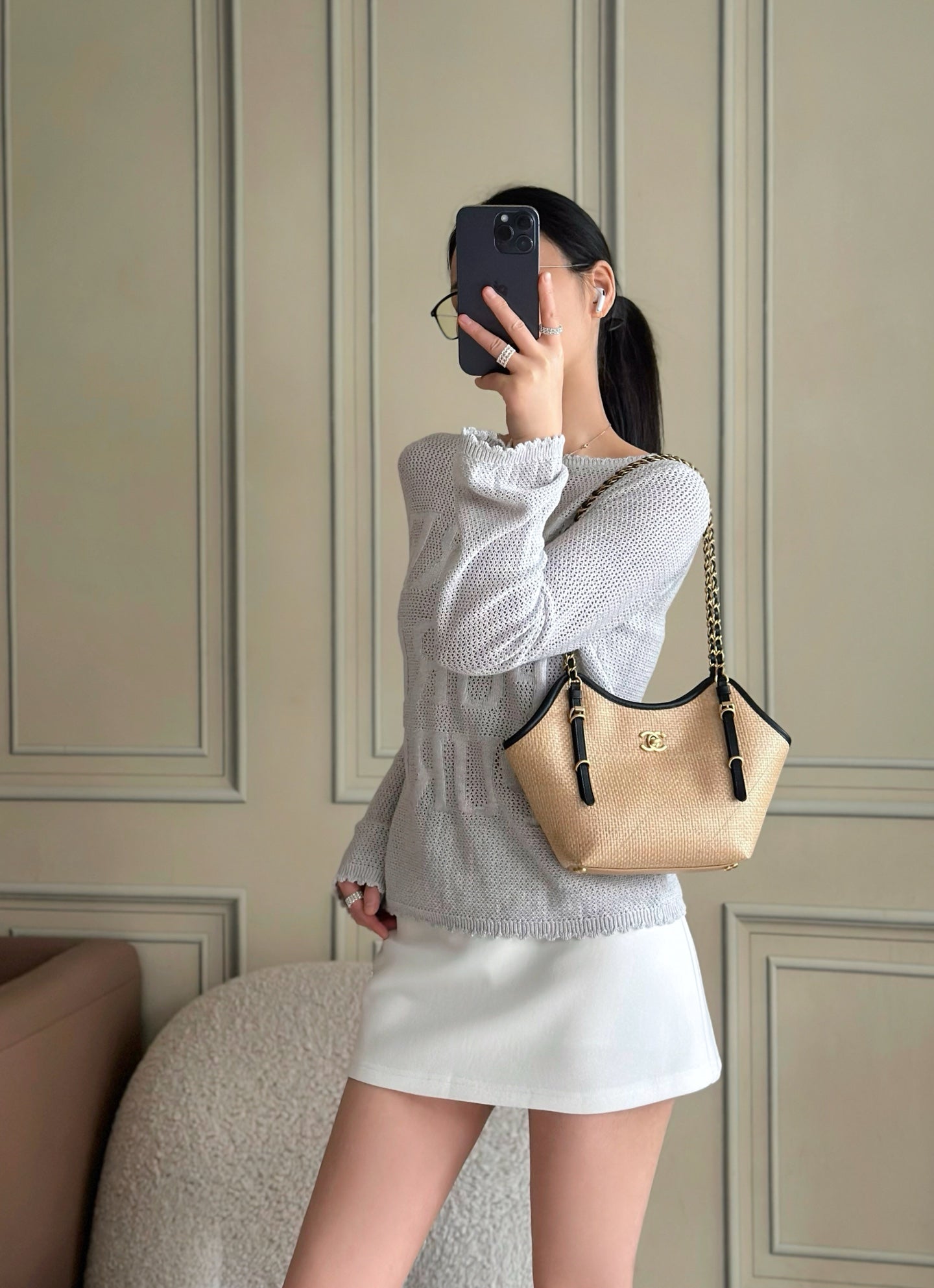 Chanel 2025 Maxi Hobo Bag 31cm Dark Beige mix Black Straw Leather 320858