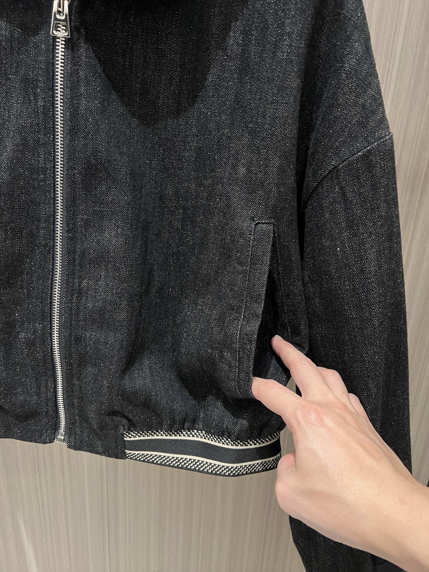 CD Hooded Waistband Denim Jacket Black mix Gray Cotton