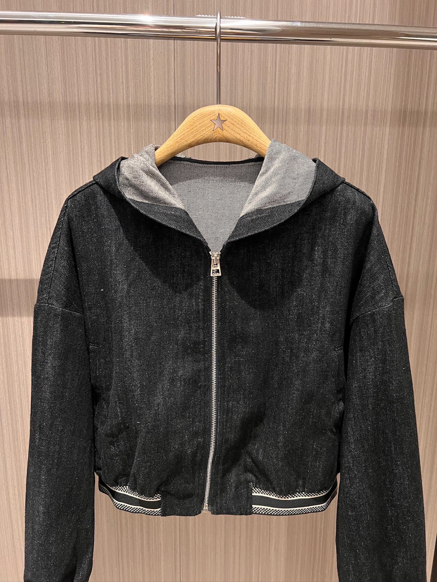 CD Hooded Waistband Denim Jacket Black mix Gray Cotton