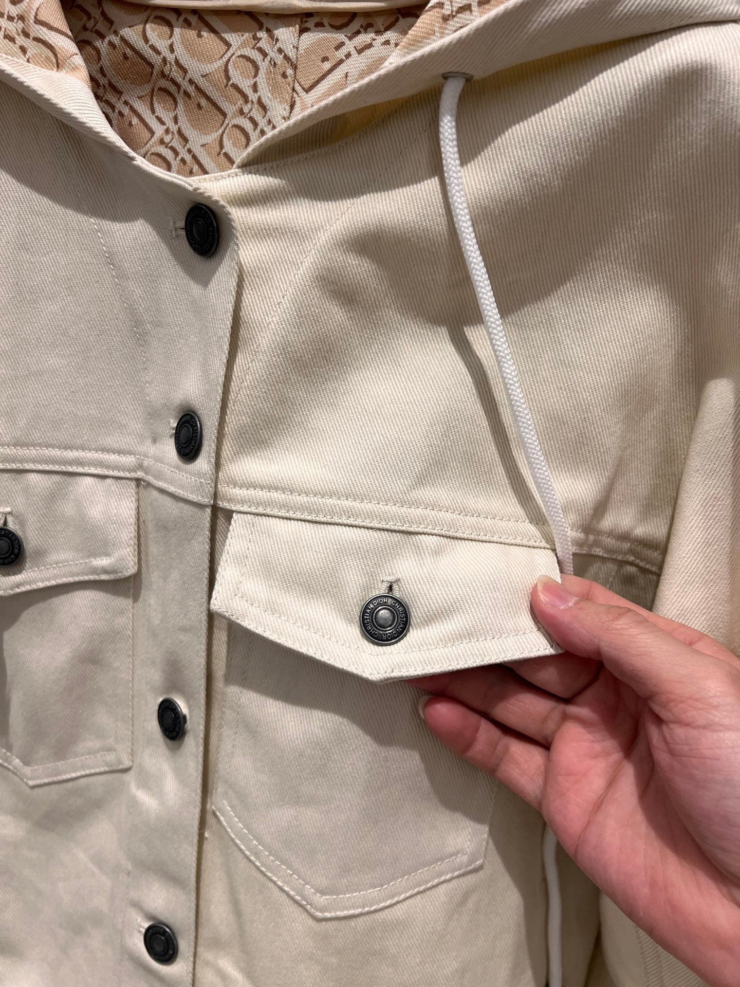 CD Hooded Denim Jacket With Monogram Lining White Beige Cotton