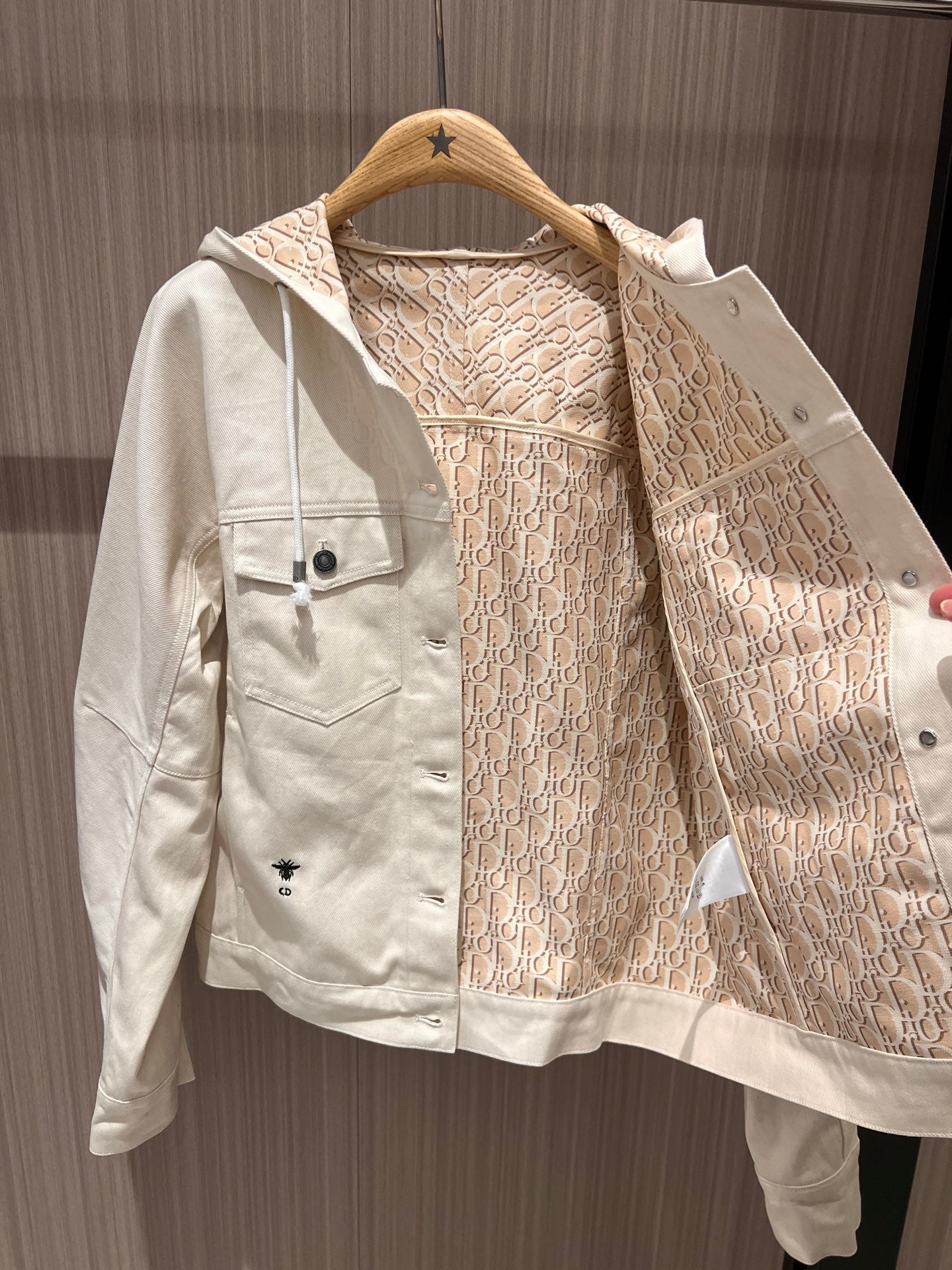 CD Hooded Denim Jacket With Monogram Lining White Beige Cotton