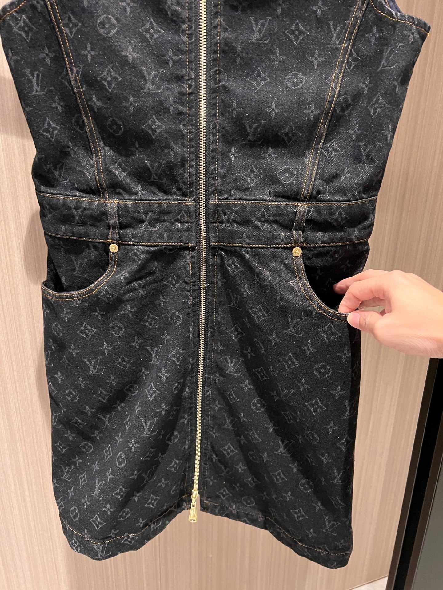LV Denim Fabric Double Head Zipper Dress Black Blue Cotton