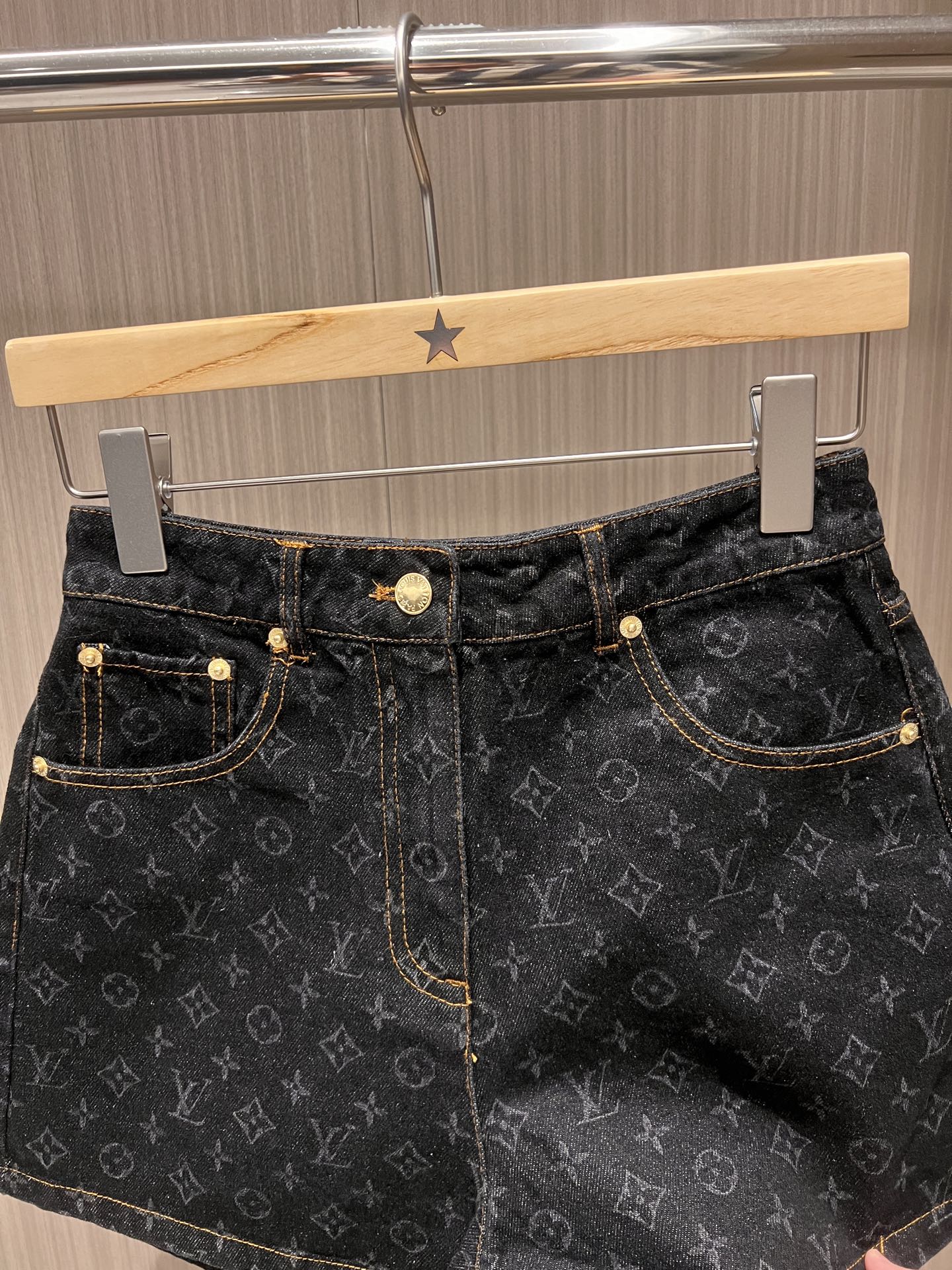 LV  Flower Jacquard Denim Shorts Black Blue Cotton