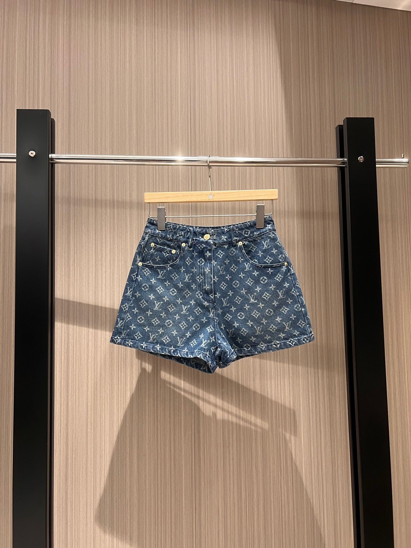 LV  Flower Jacquard Denim Shorts Black Blue Cotton