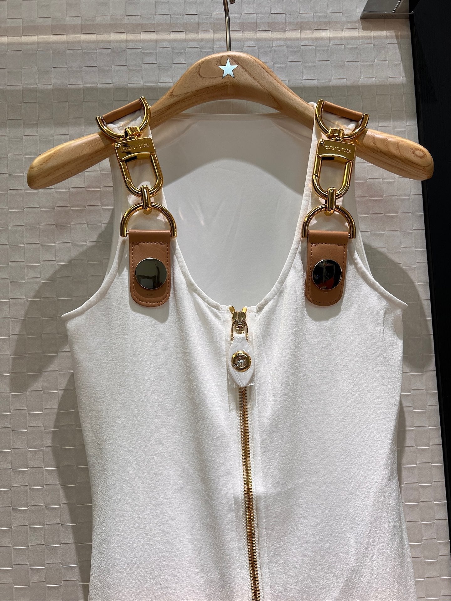 LV Double-Head Zipper Design Slits Dress White Cotton