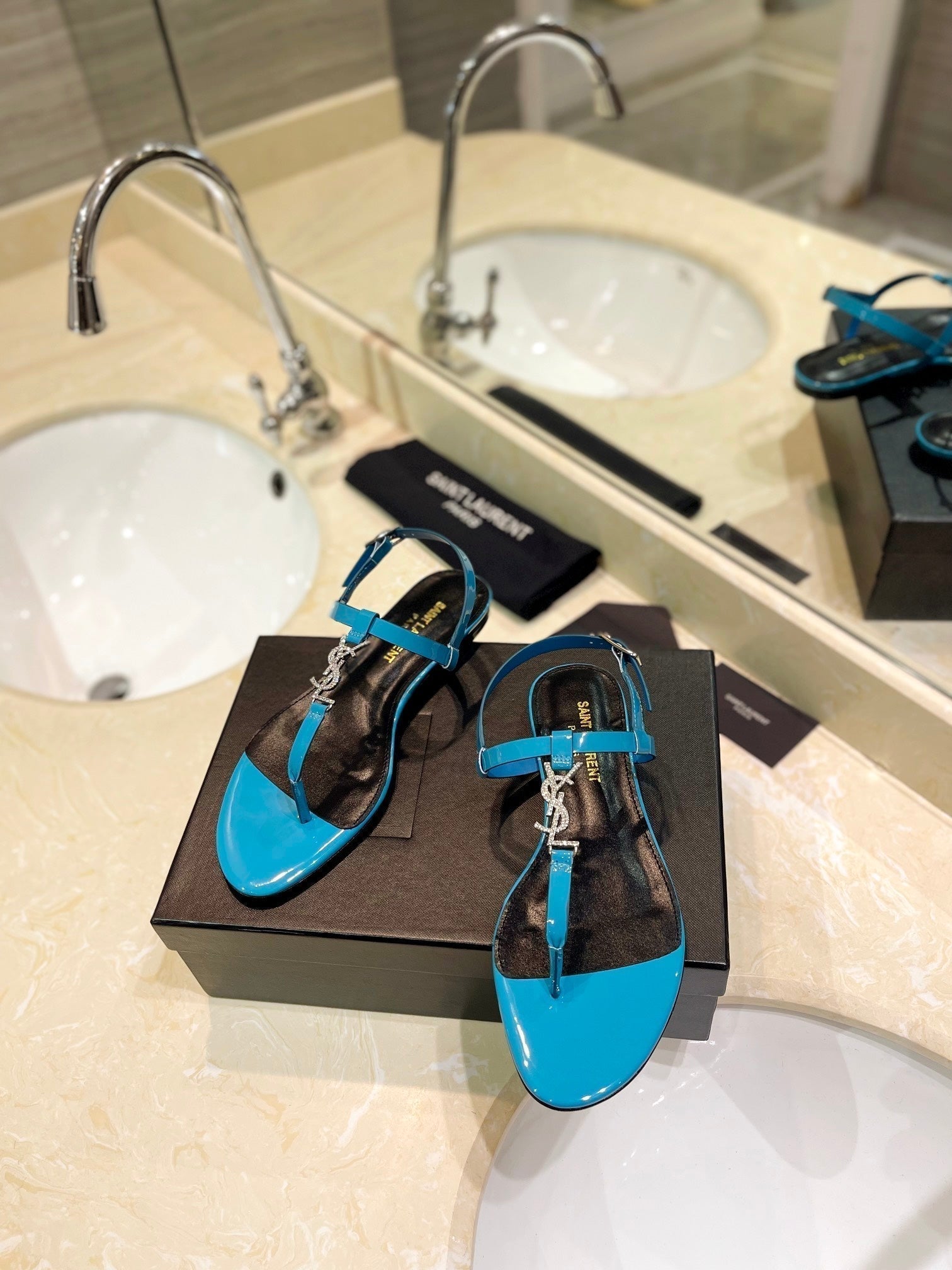 SL CASSANDRA SANDALS CERULEAN POLISHED CALFSKIN