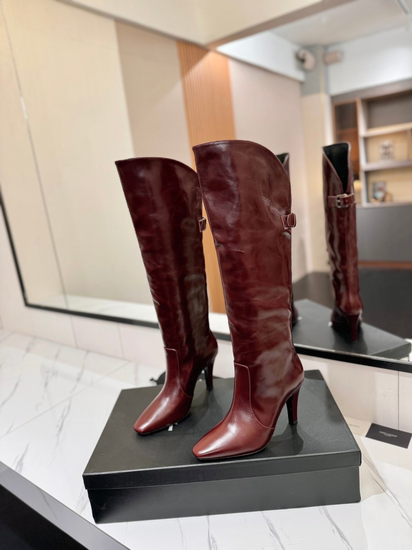 CLASSIC HIGH KNEE BOOTS IN BURGUNDY RED CALFSKIN