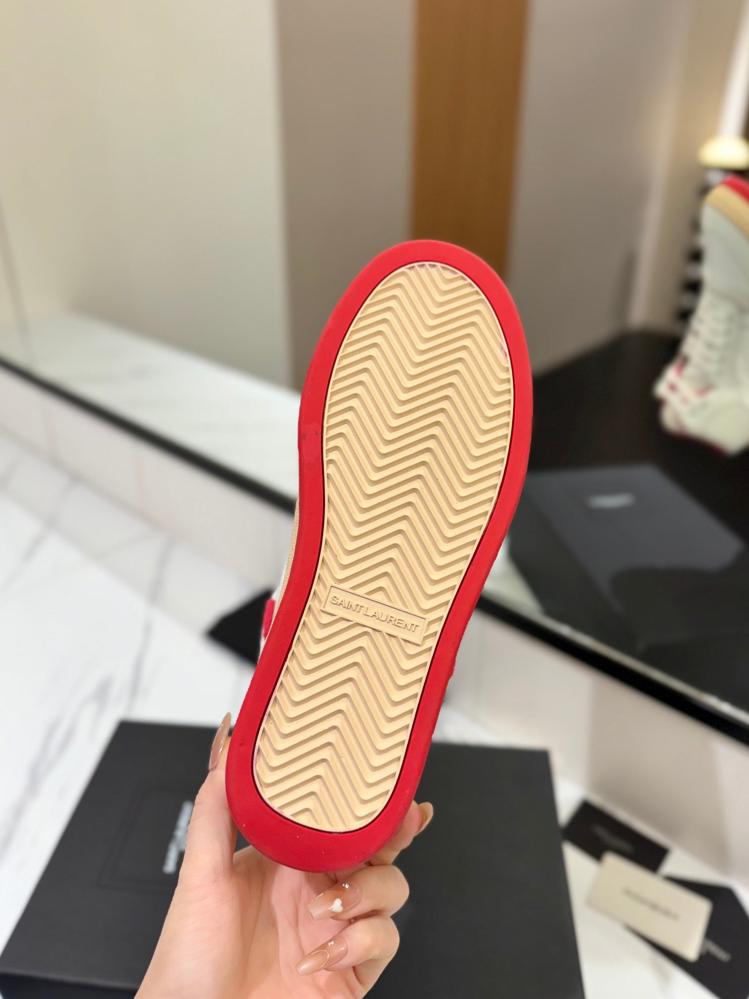 MID-TOP SNEAKERS IN WHITE AND RED TRIM PERFORATED LAMBSKIN