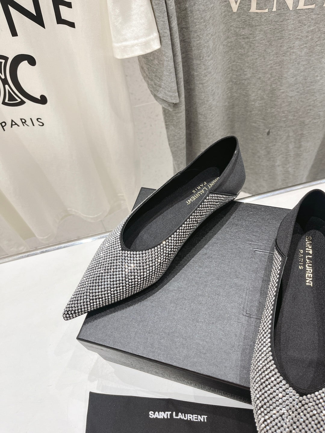 SL NOUR LEOPARD POINT TOE BALLET BLACK CRYSTAL SATIN