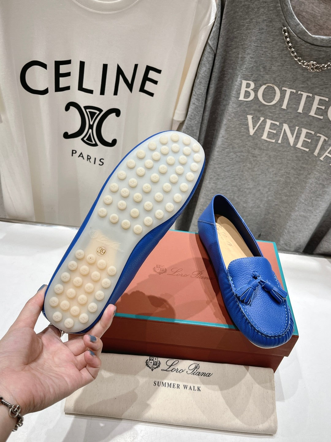 dot sole walk mocassin blue calfskin