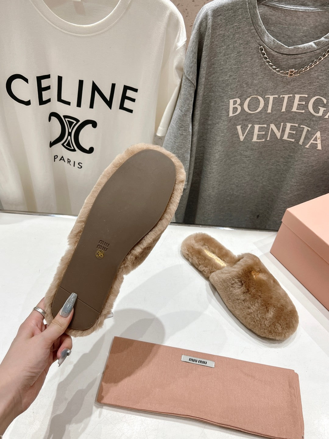 Miu Slippers Light Brown Soft Imported Wool And Fur