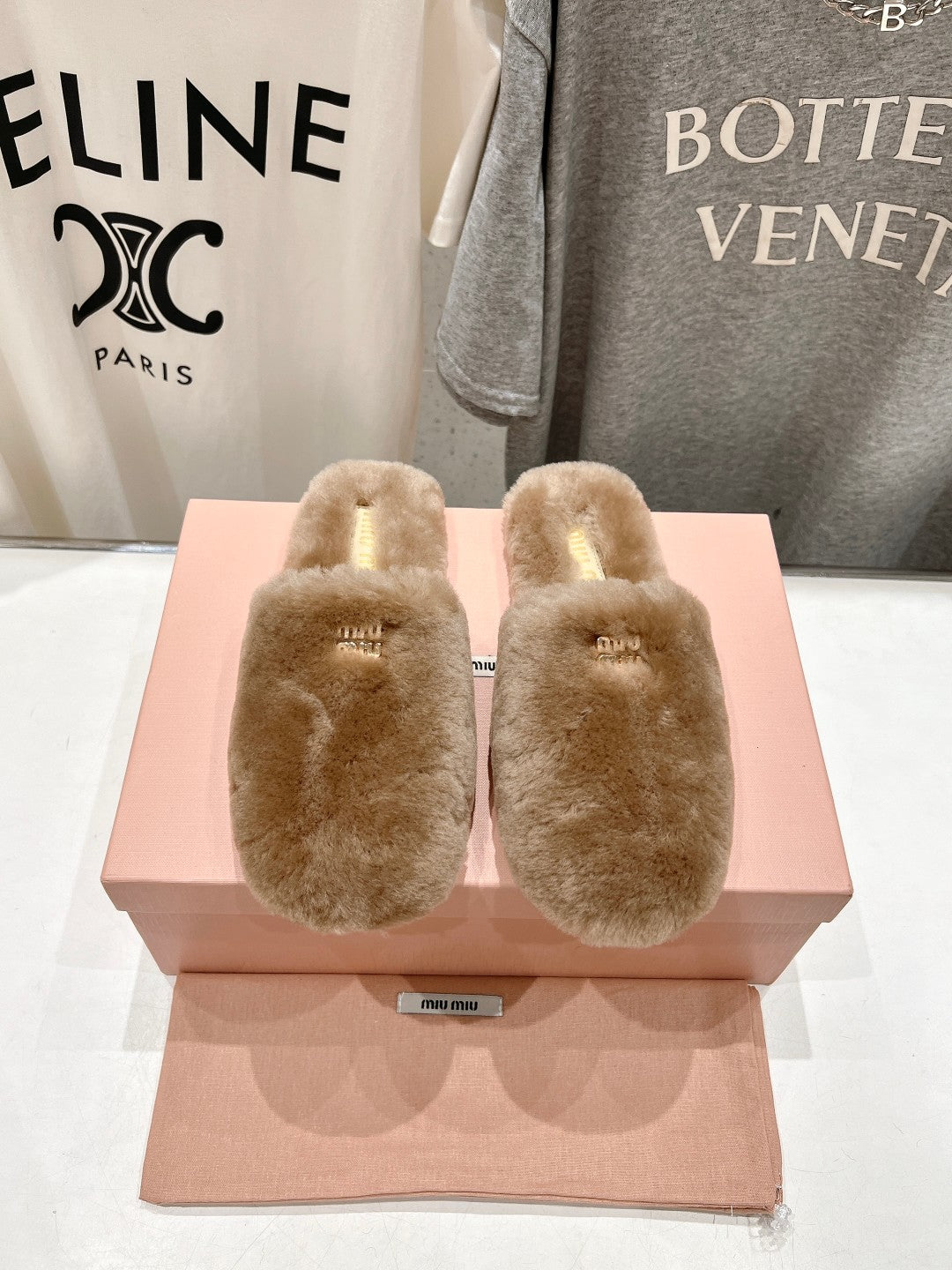 Miu Slippers Light Brown Soft Imported Wool And Fur