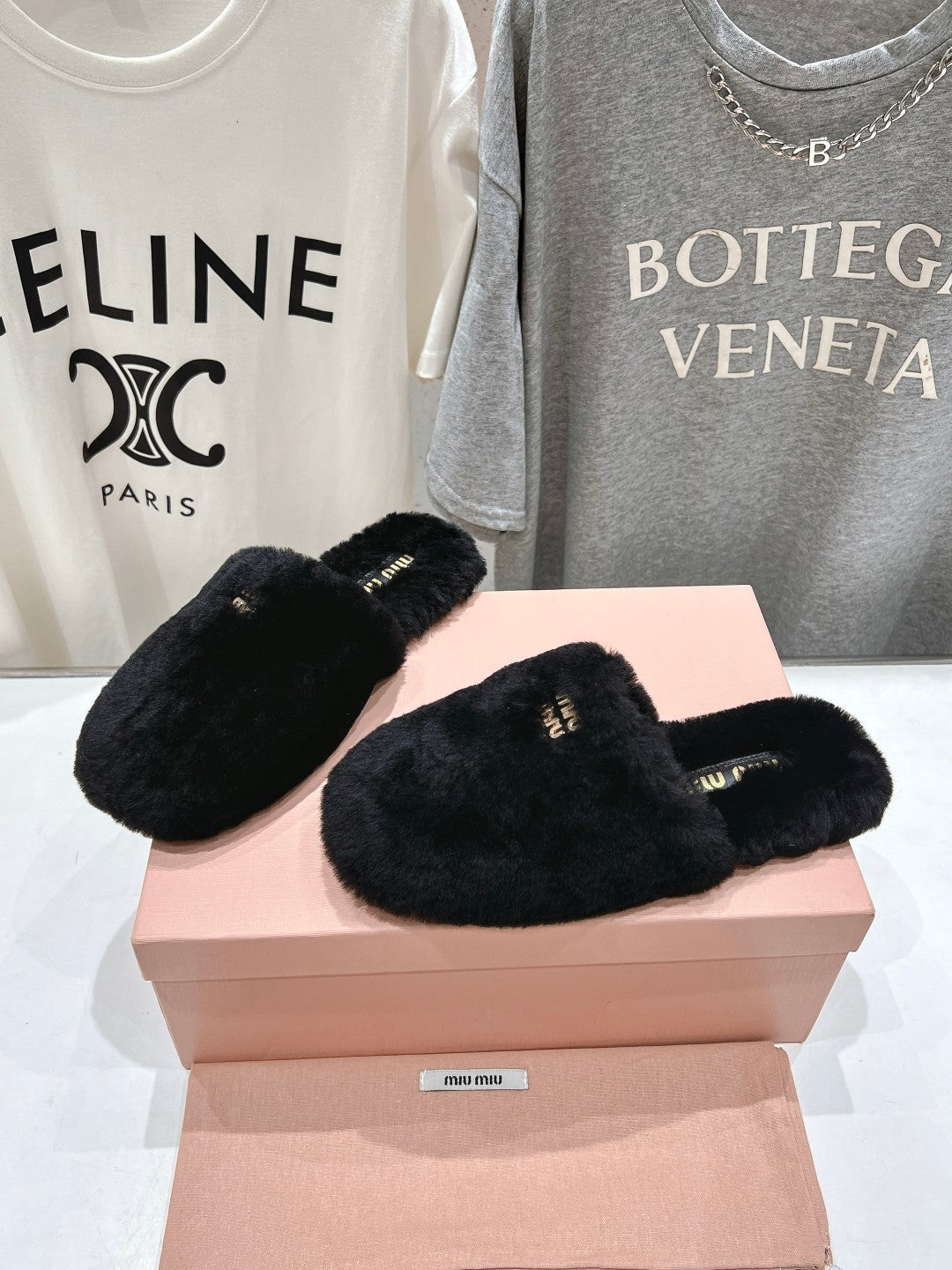Miu Slippers Black Soft Imported Wool And Fur