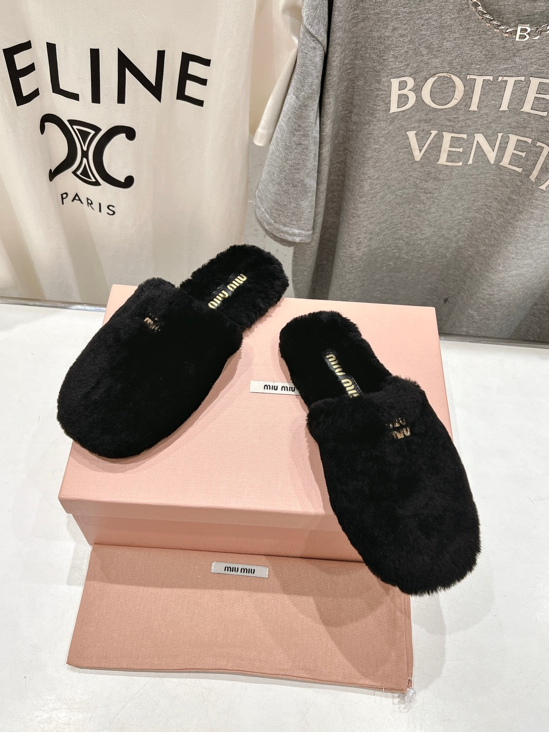 Miu Slippers Black Soft Imported Wool And Fur