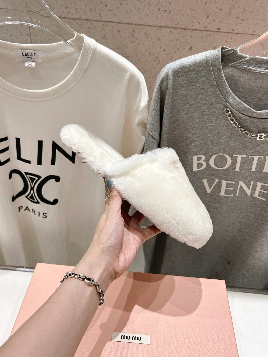 Miu Slippers White Soft Imported Wool And Fur