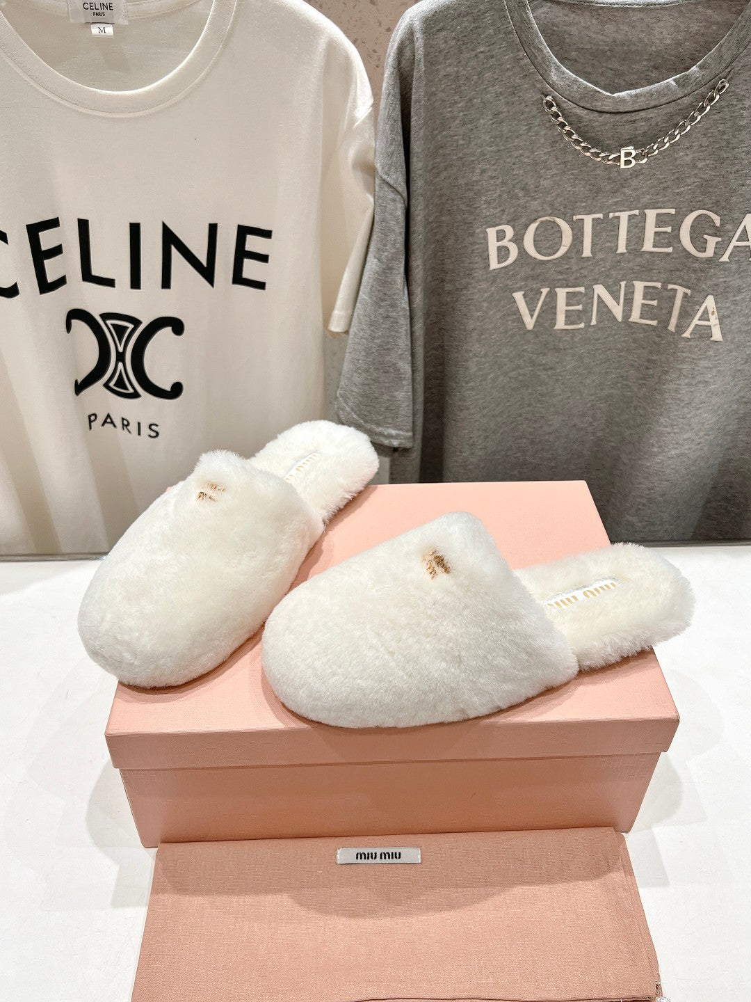 Miu Slippers White Soft Imported Wool And Fur