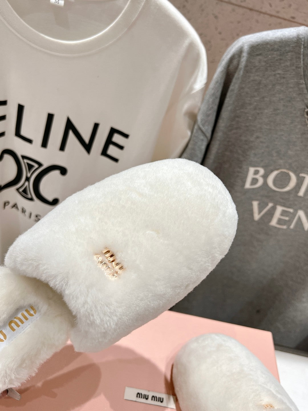 Miu Slippers White Soft Imported Wool And Fur