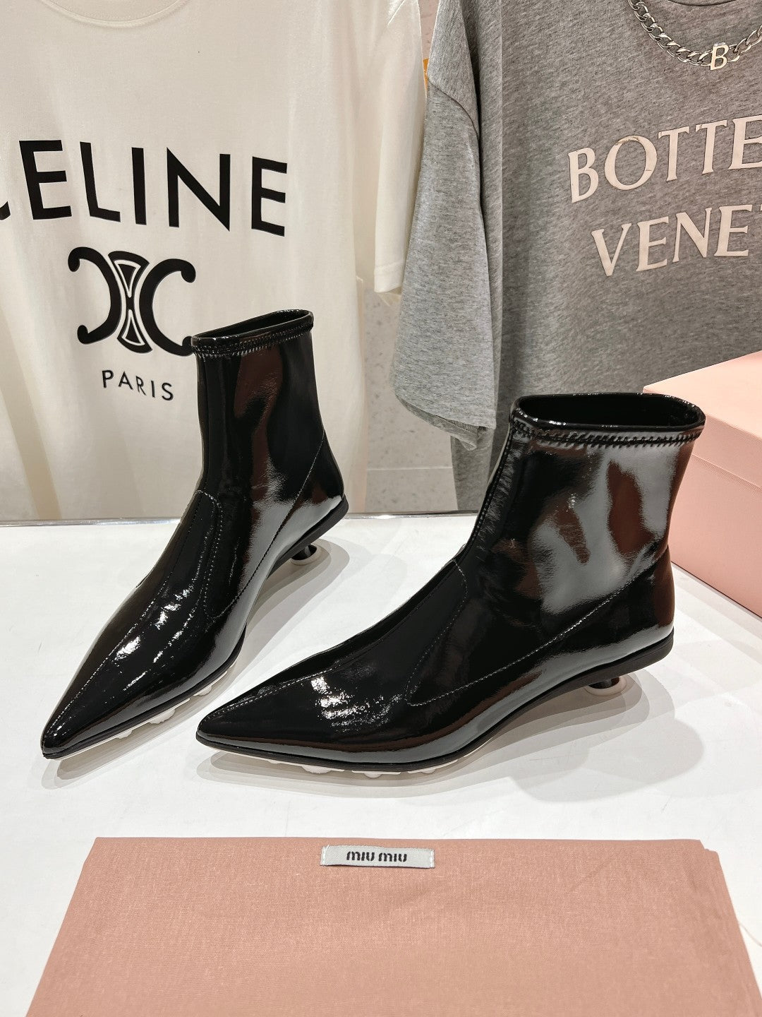 Miu Ankle Boots Pointed Toe Glossy Black Lambskin