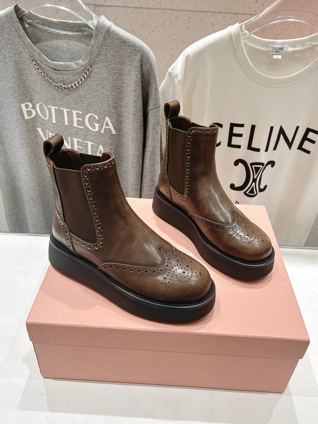 Miu Ankle Boots Coffee Brown Polished Calfskin