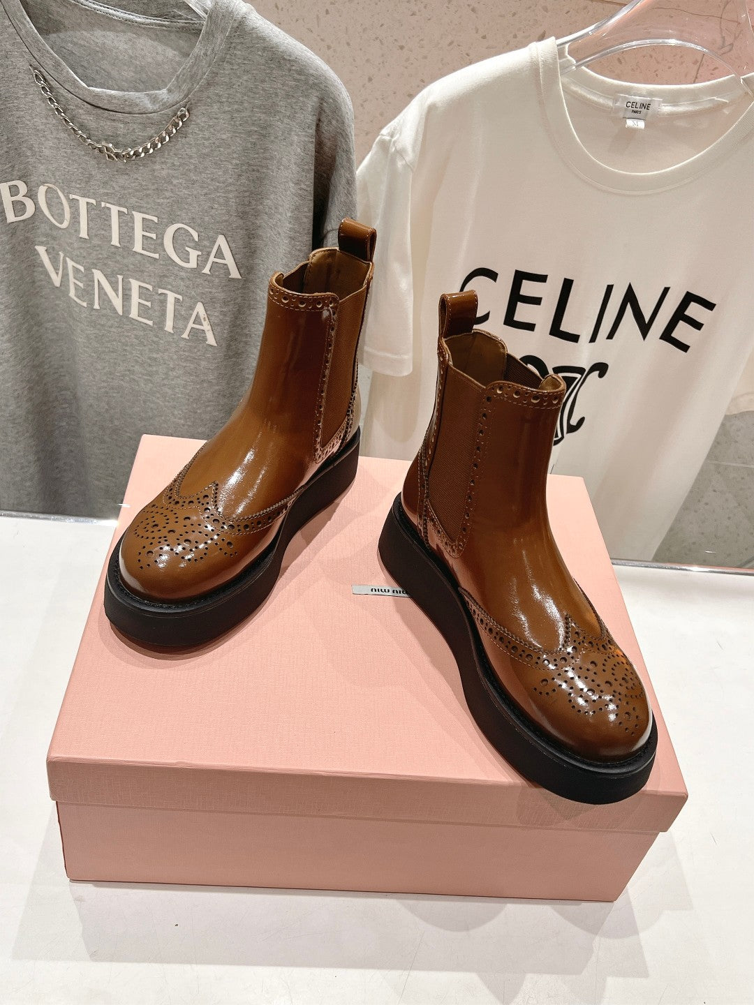 Miu Ankle Boots Caramel Brown Polished Calfskin