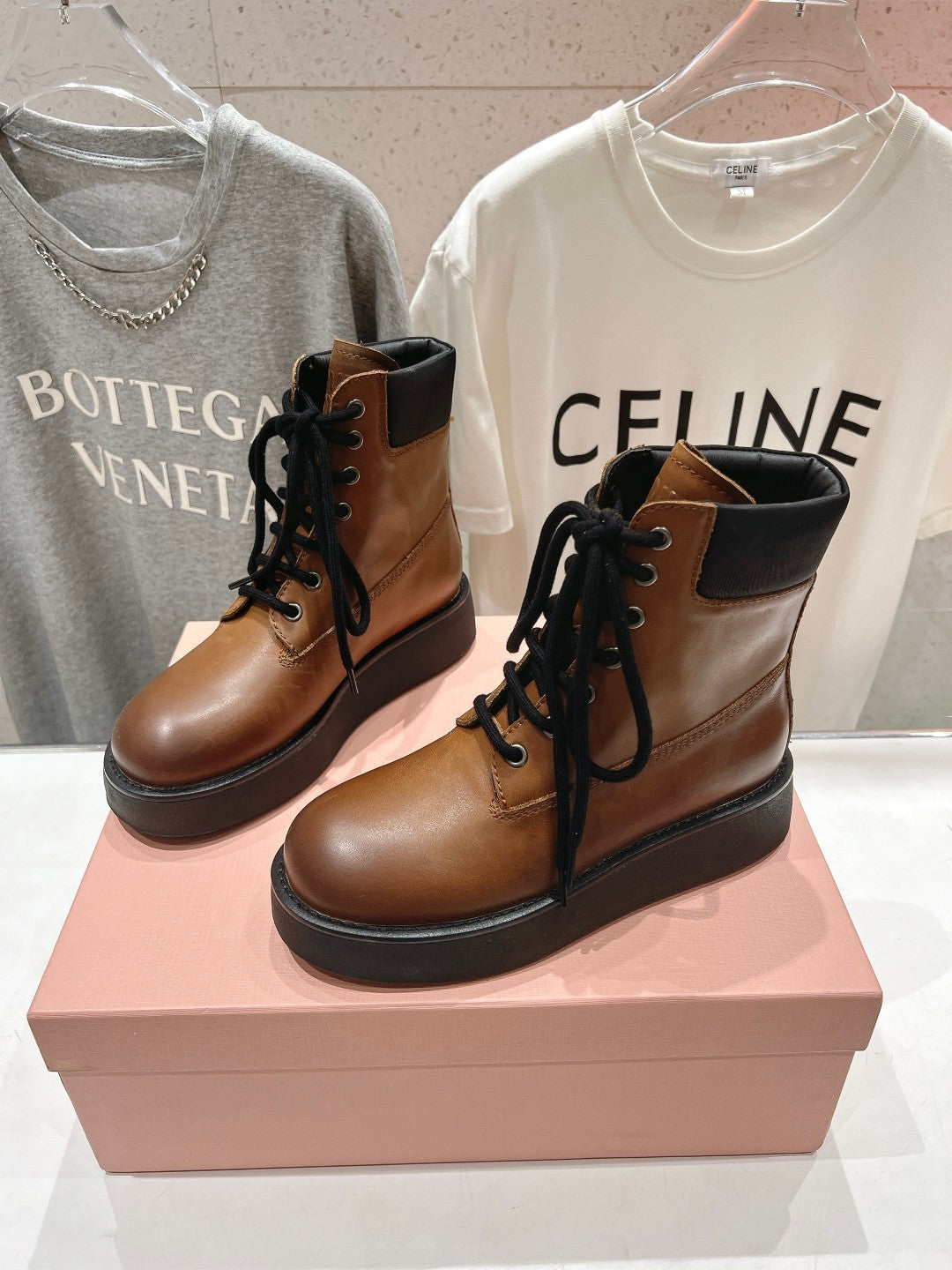 Miu Lace-Up Boots Vintage Brown Waxed Calfskin