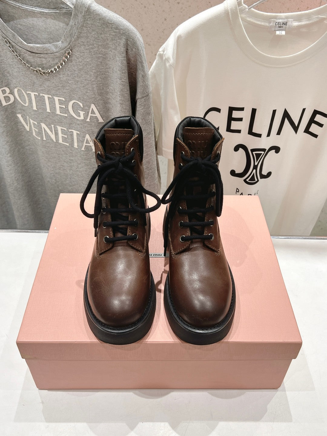 Miu Lace-Up Boots Syrup Brown Waxed Calfskin