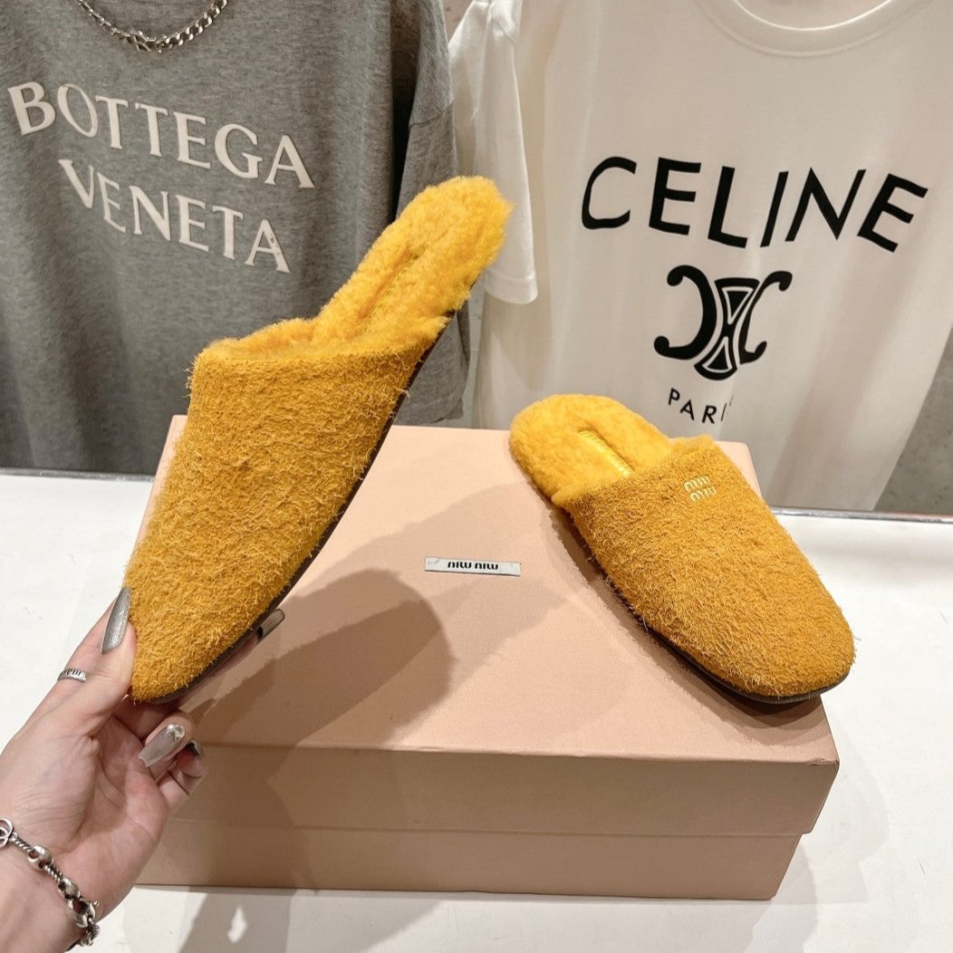 Miu Slippers Dark Yellow Imported Sheepskin