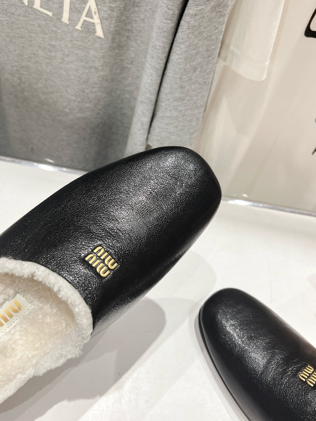 Miu Slippers Glossy Black Imported Sheepskin