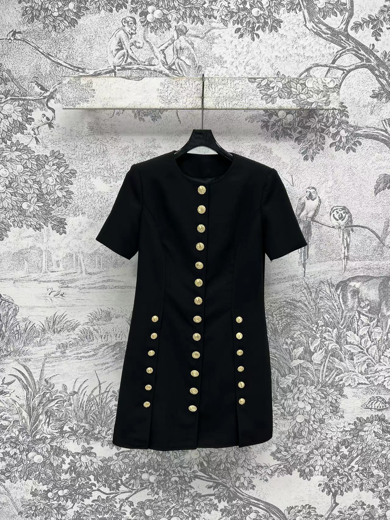LV 25 Round-Neck Logo Metal Buttoned Dress Black Poliester