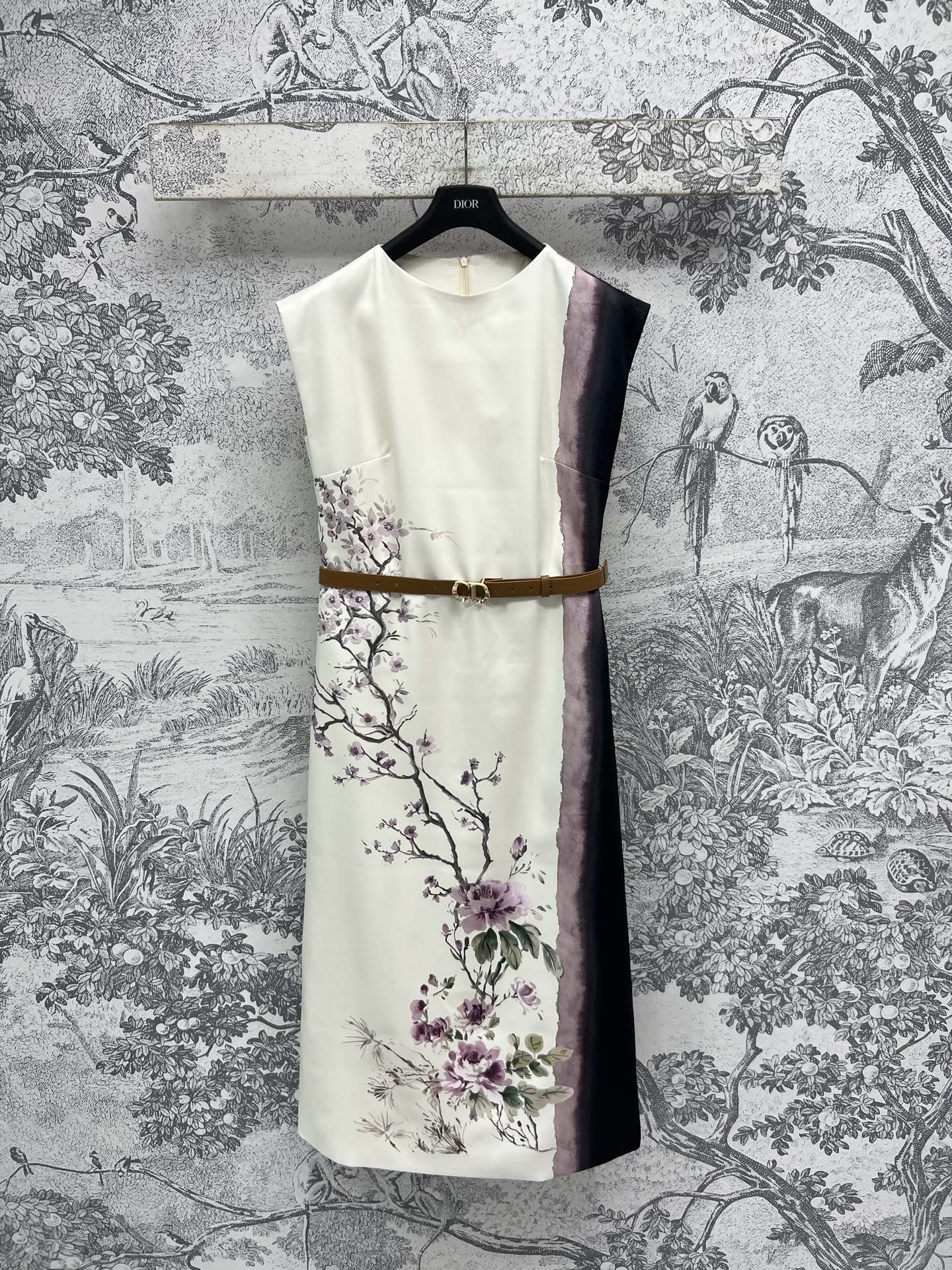 CD 25 Floral Print Sleeveless Dress Beige Silk