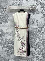 CD 25 Floral Print Sleeveless Dress Beige Silk