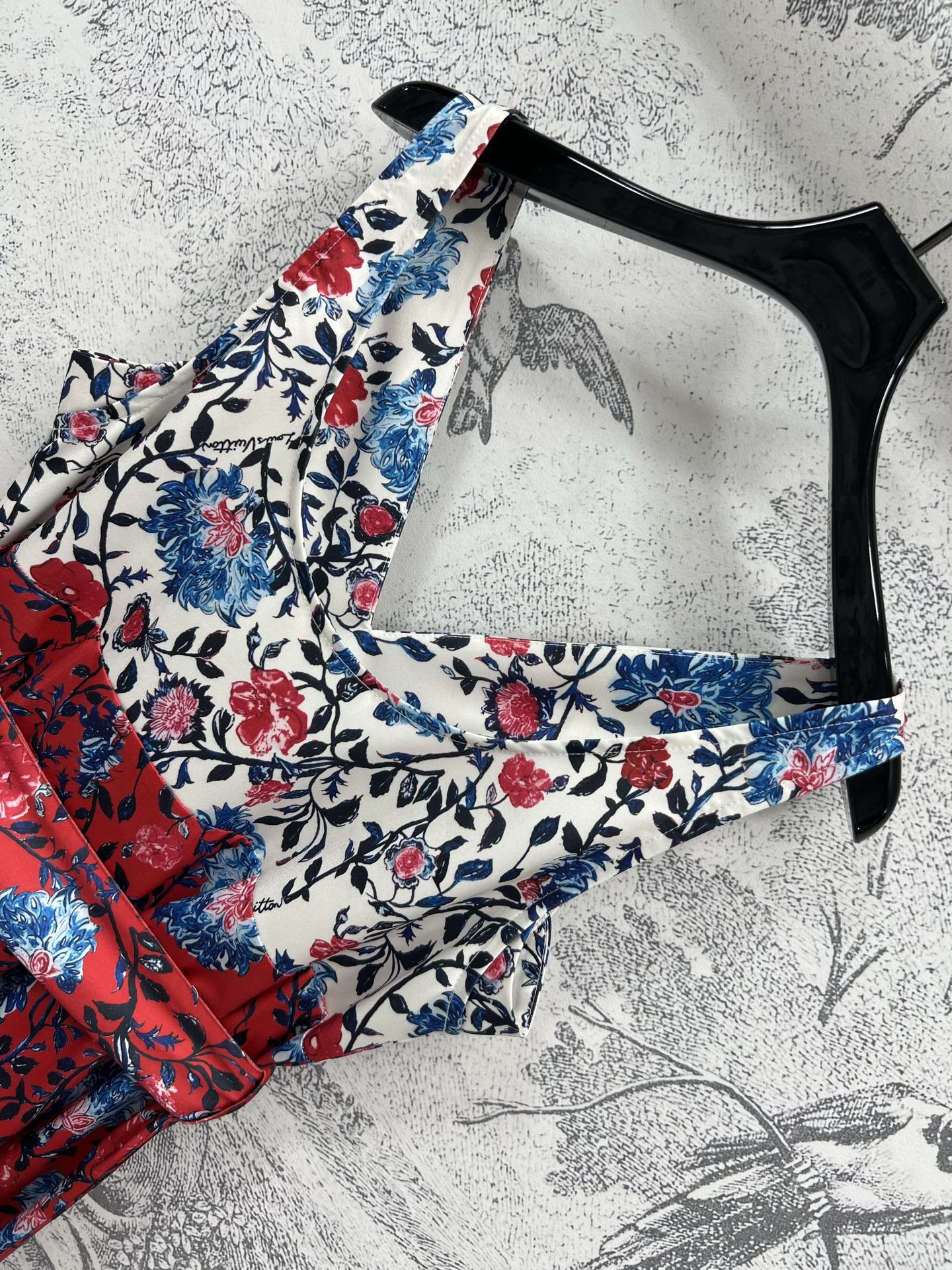 LV 25 Retro Floral Pattern Suspender Flower Dress Red Poliester
