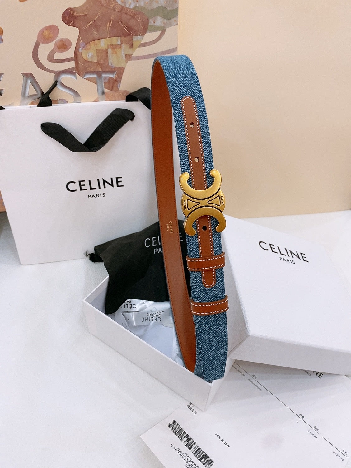 CL Gold Black 25mm Triomphe Enamel Blue Brown Denim Calfskin 558355
