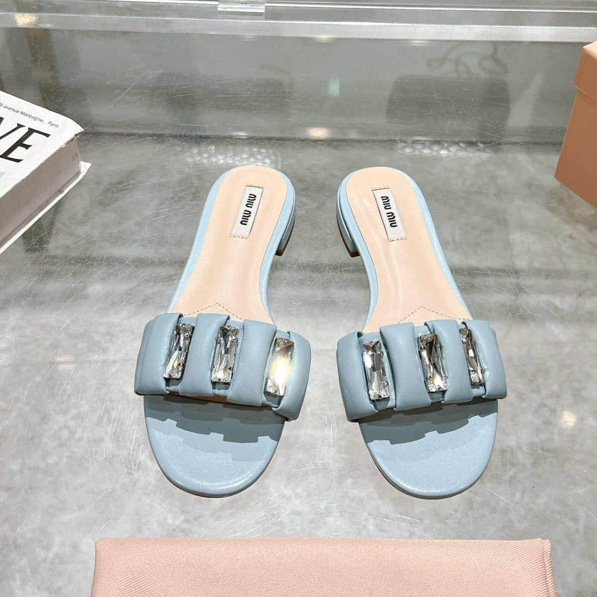Miu 25C Slippers Light Blue Leather 235284