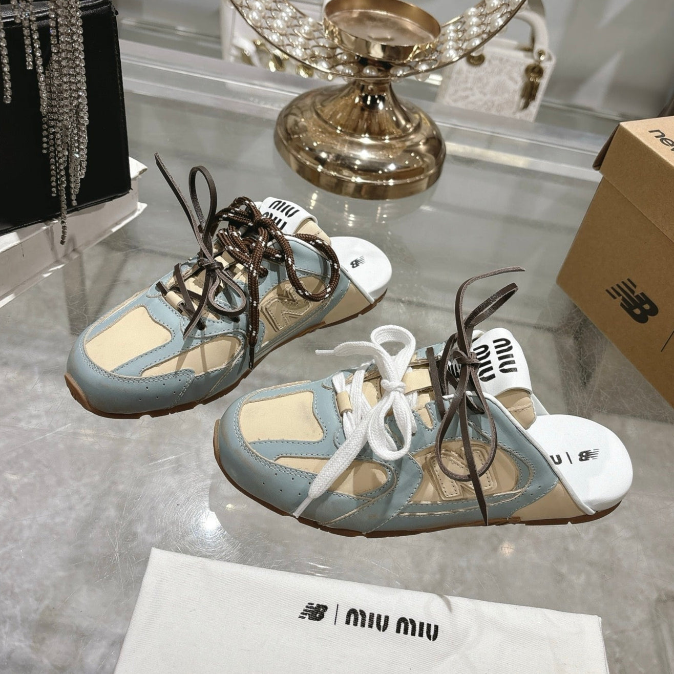 Miu x NB 530 SL Deco Mules Baby Blue mix Beige Leather 235297